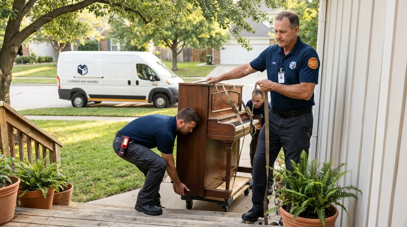 Licensed piano movers securing grand piano in Grapeland, TX