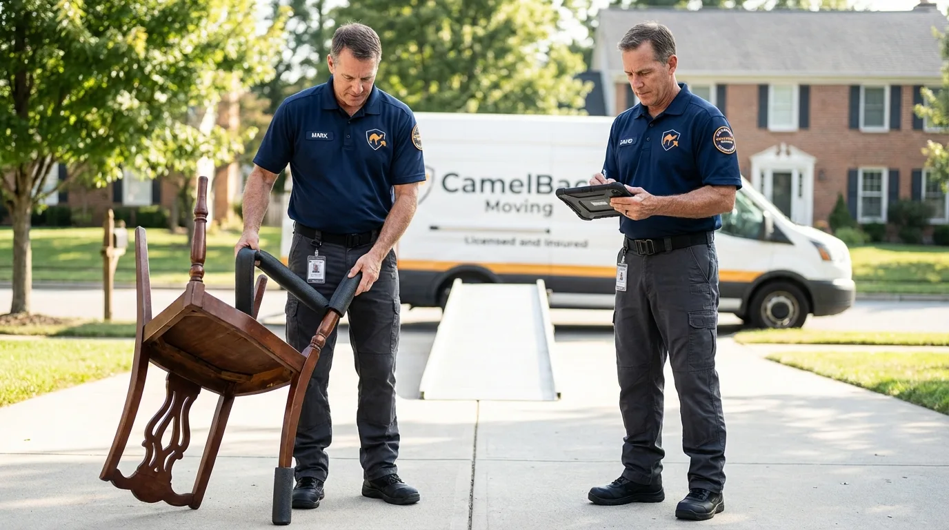 Movers inspecting furniture for damage prevention before loading in Grapeland, TX
